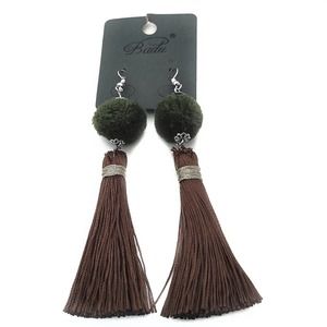 Long Brown Green PomPom Fringe Earrings